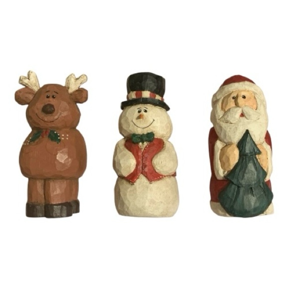 Festive Holiday Figurine Set - Reindeer, Snowman, and Santa Carved Wood Look
